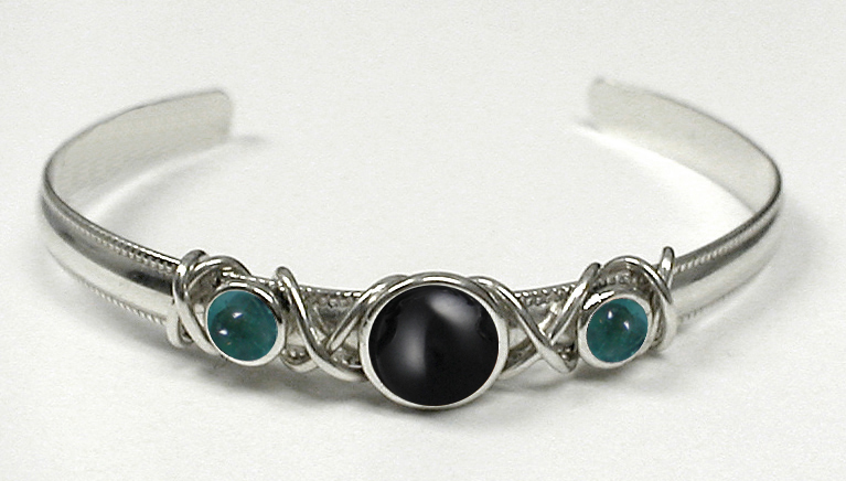 Sterling Silver Hand Made Cuff Bracelet With Black Onyx And Fluorite